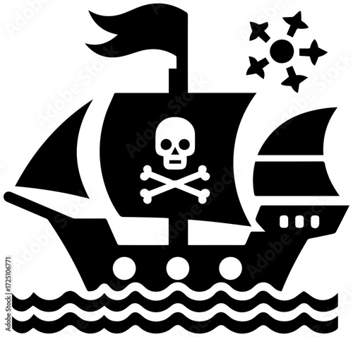 Bold pirate ship sailing across the ocean with skull and crossbones symbol, a symbol of adventure