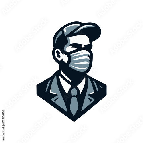 A masked businessman in formal attire, symbolizing professionalism during a health crisis