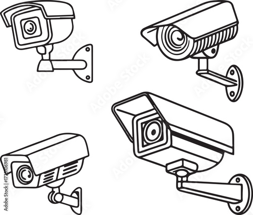 Line art illustration of CCTV warning board with mounted cameras, perfect for home security and building protection concepts