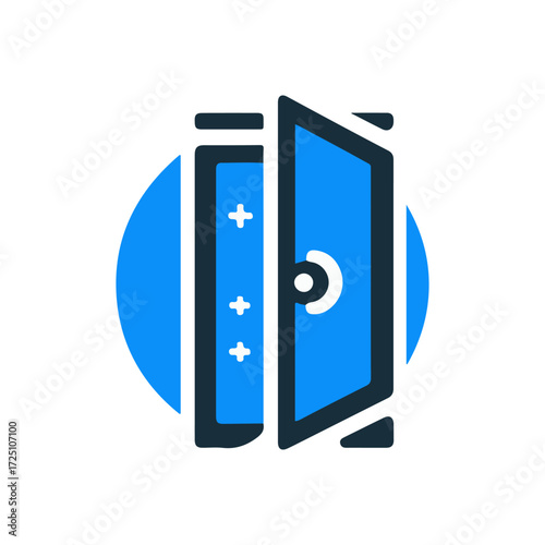 A modern, stylized illustration of an open door against a circular blue background, symbolizing opportunity and new beginnings