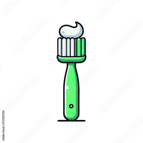 A bright green toothbrush with toothpaste on top, set against a clean white background