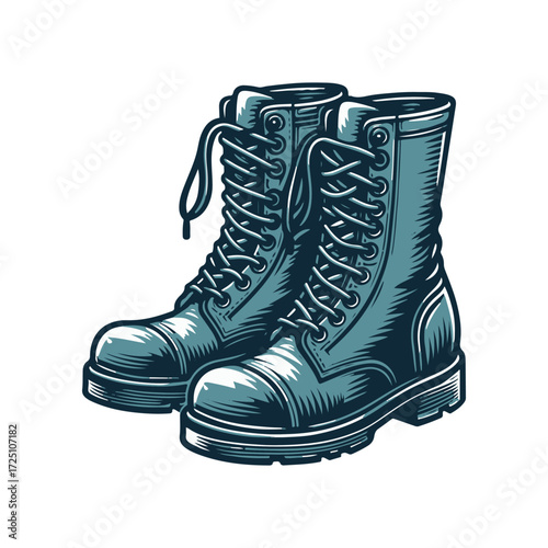 A pair of rugged military-style boots with detailed laces on a plain background, ideal for outdoor adventures