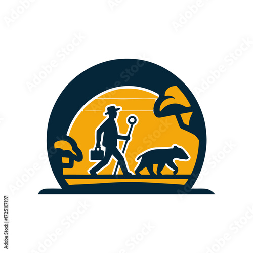 A park ranger walking with a bear silhouette at sunset, surrounded by trees and wildlife