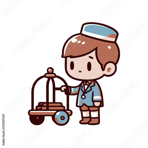A cheerful bellboy in a blue uniform stands beside a luggage cart in a hotel lobby, smiling