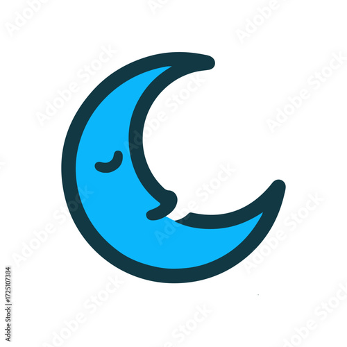 A serene blue crescent moon with a smiling face, set against a clean white background, ideal for bedtime themes