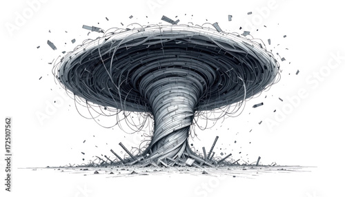 A detailed illustration of a massive tornado, the swirling vortex of wind and debris captured with precision, against a pure white backdrop.