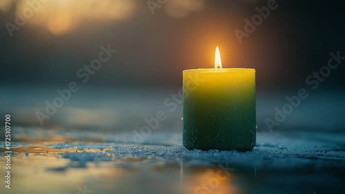 Green candle illuminating a serene winter landscape