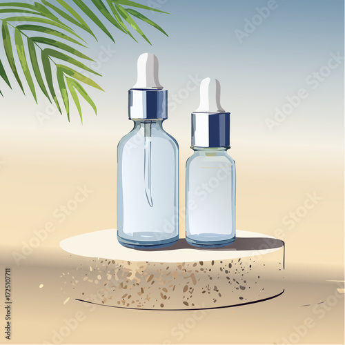 A clean product mockup featuring two unbranded glass dropper bottles on a stone podium, with a tropical palm leaf casting a shadow on a sandy background