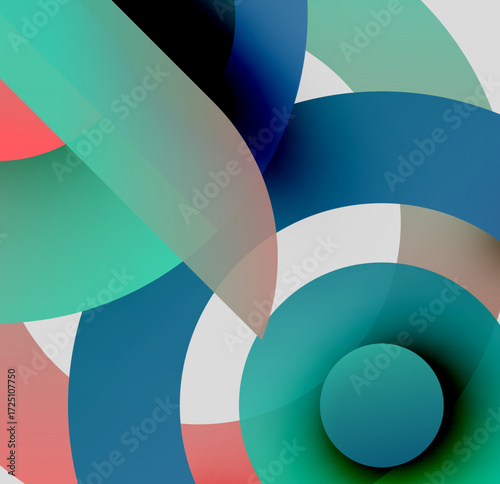 Abstract composition featuring overlapping translucent circles. Colors include teal, red, white, blue, gray. Minimalist design, modern aesthetic.