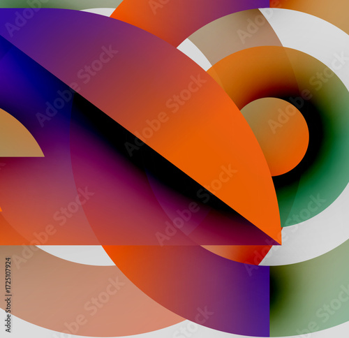 Abstract composition. Overlapping colorful shapes create dynamic visual effect. Gradient hues blend, forming complex patterns.
