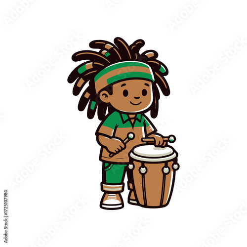 A cheerful child with dreadlocks playing conga drums in a vibrant outdoor festival setting