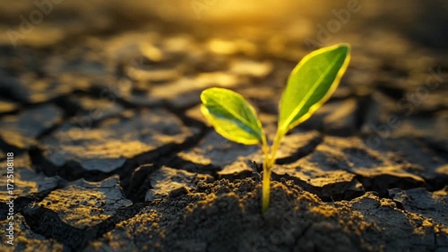 Green sprout emerging from dry cracked soil at sunset