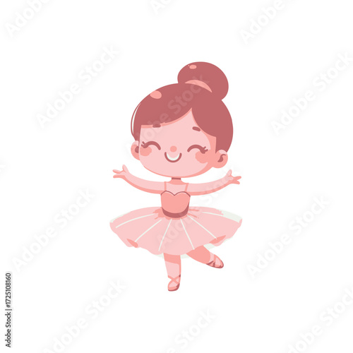 A cheerful young ballerina in a pink tutu performing a dance pose on a white background