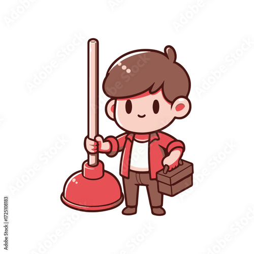 A cheerful young boy holding a plunger and toolbox, ready for plumbing work at home
