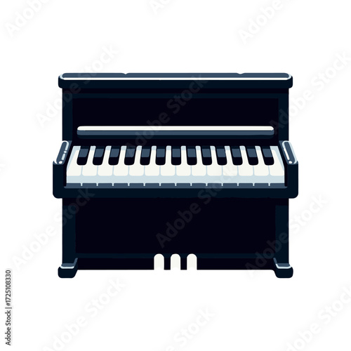 A classic black piano with white keys, set against a minimalist white background, ideal for music themes