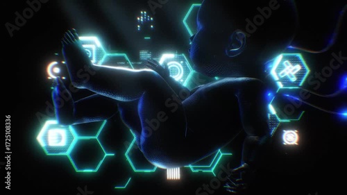 A 3D character of a synthetic human baby attached to wires and floating over a tech style background with digital detail and pulsing effects.
