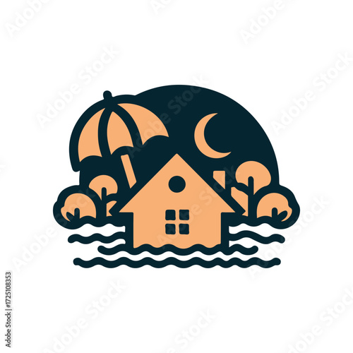 A stylized illustration of a house partially submerged in floodwaters at night with an umbrella