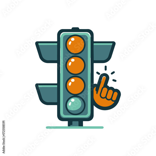 A colorful traffic light with an animated hand signaling for caution in a vibrant urban setting
