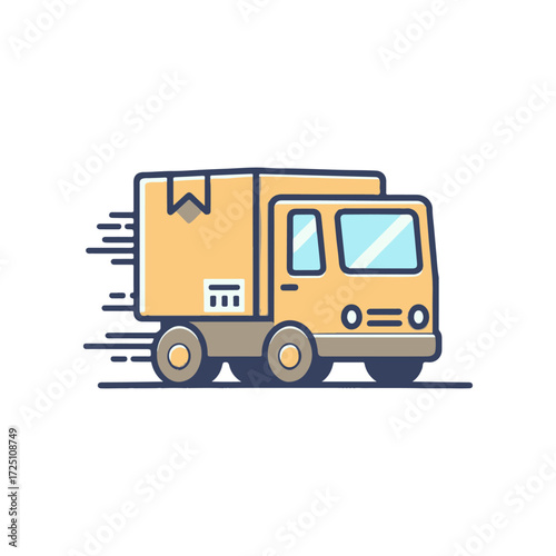 A delivery truck speeding through a city street with a clear blue sky in the background