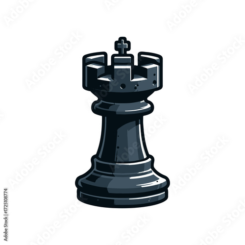 A detailed illustration of a black chess rook piece standing prominently against a white backdrop