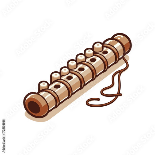 A detailed illustration of a wooden flute resting on a smooth surface with a string