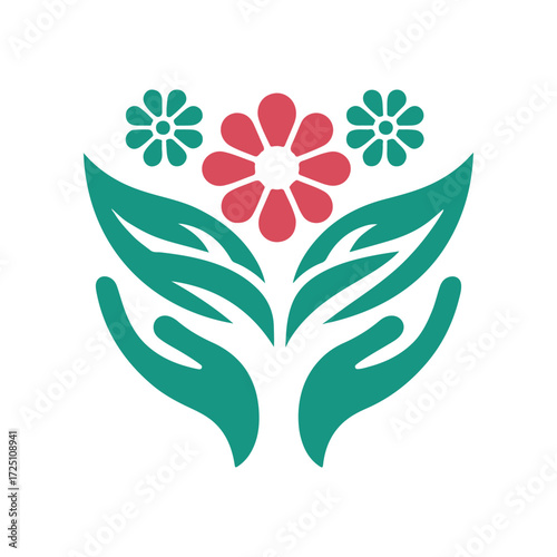 A vibrant floral design featuring hands nurturing flowers, symbolizing growth and care