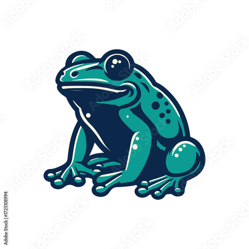 A vibrant green frog perched on a rock, surrounded by lush greenery and serene water in the background