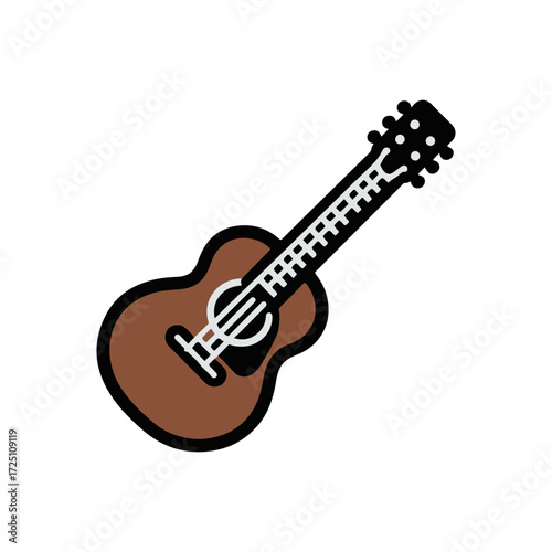 A vibrant illustration of an acoustic guitar with a stylized design on a white background