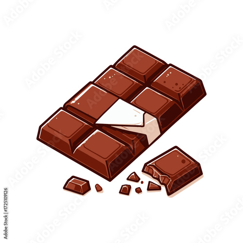 A partially broken chocolate bar with a piece missing, set against a clean white background