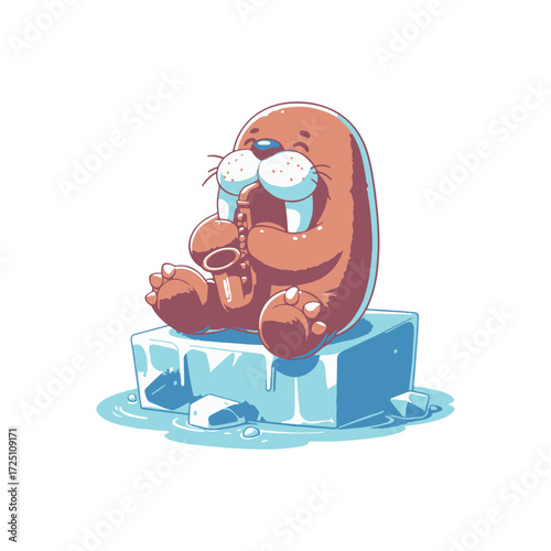 A playful walrus joyfully playing a saxophone on an ice block surrounded by melting ice
