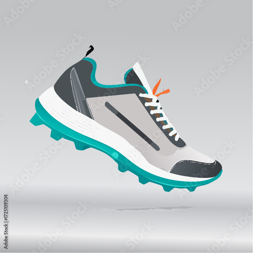 Sporty, modern athletic shoe with teal sole, gray and white detailing, laces, and loop on heel, perfect for active lifestyles