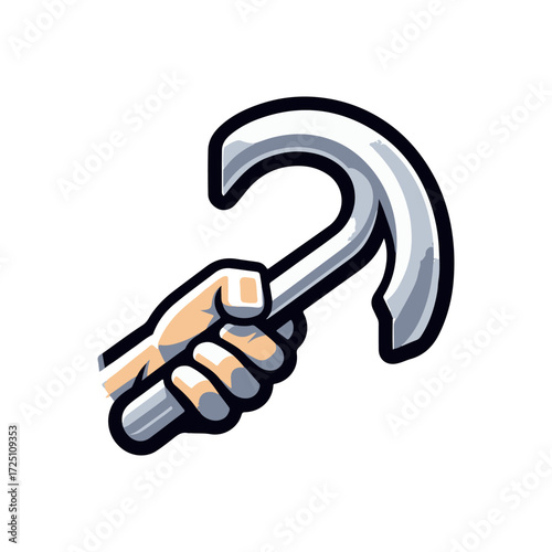 A stylized hand gripping a metallic sickle against a clean white background, symbolizing labor