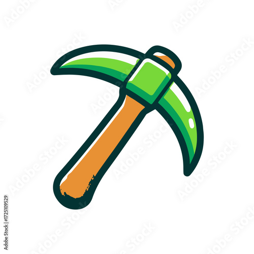 A vibrant cartoon-style pickaxe with a green blade and wooden handle, ideal for gaming graphics