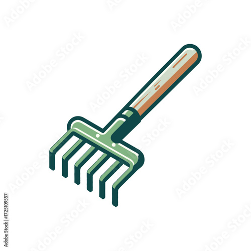 A vibrant garden rake with a wooden handle, resting on a lush green lawn under a clear sky