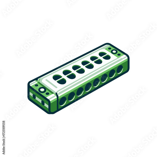 A vibrant green harmonica resting on a white surface, showcasing its design and details