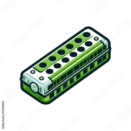 A vibrant green harmonica resting on a white surface, showcasing its intricate design and details