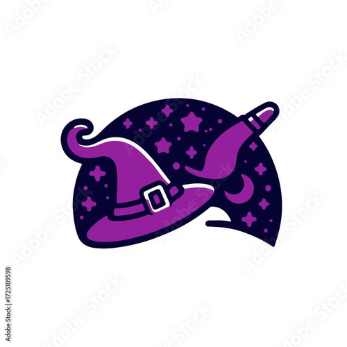 A whimsical purple witch hat against a starry night sky, symbolizing magic and enchantment
