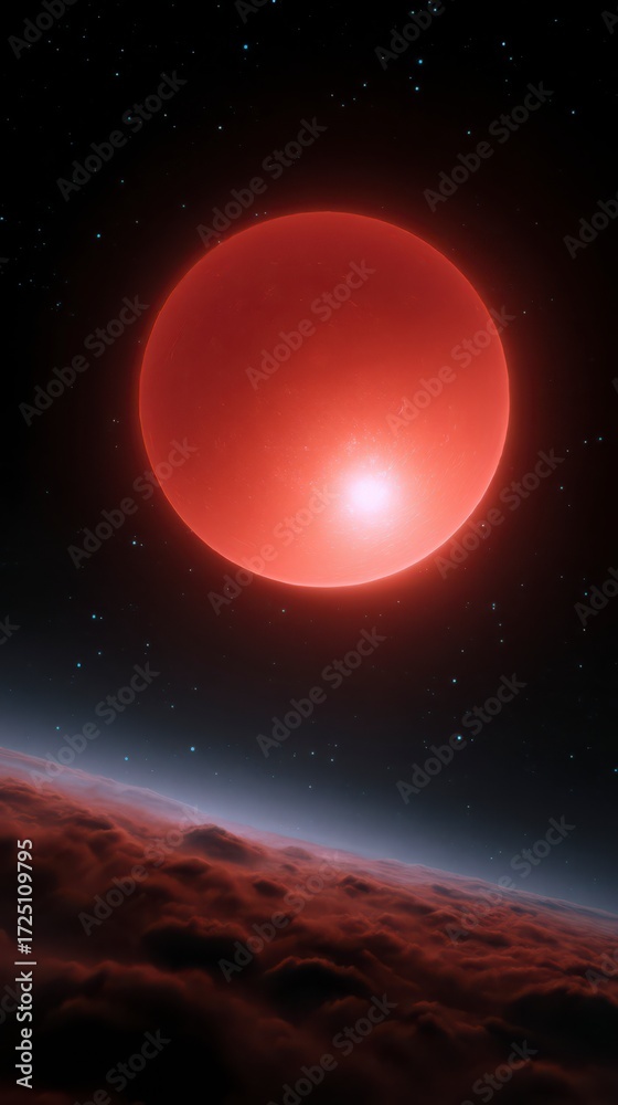 Fototapeta premium Celestial Marvel: A captivating view of an unknown planet, adorned with atmospheric clouds. The vibrant red sun casts its glow across the celestial canvas, speckled with stars. 
