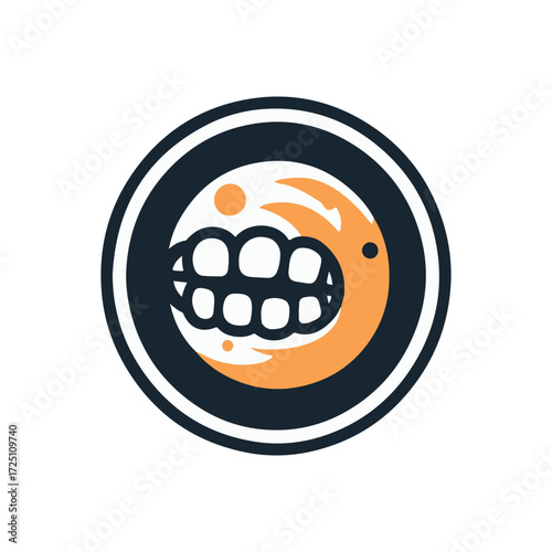 Abstract illustration of a mouth with exaggerated teeth against a cosmic background