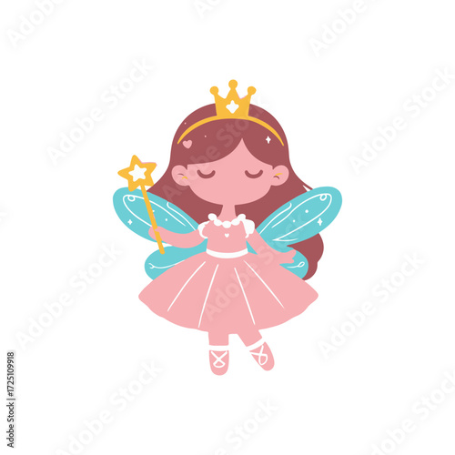 A whimsical fairy princess with sparkling wings and a magic wand, floating gracefully