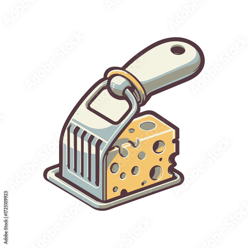 A whimsical cheese grater with a block of cheese, set against a simple white background