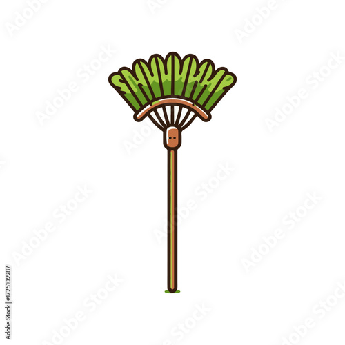 A whimsical illustration of a garden rake with a green fan-shaped head, set against a plain background