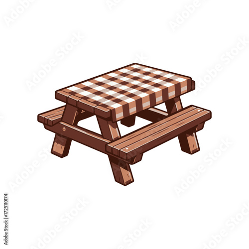 A wooden picnic table with a checkered tablecloth, set against a simple background, ideal for outdoor gatherings