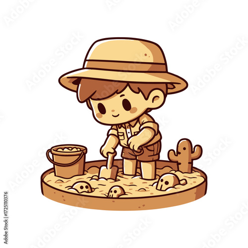 A young child in a straw hat digs in a sandbox, discovering hidden treasures and fossils
