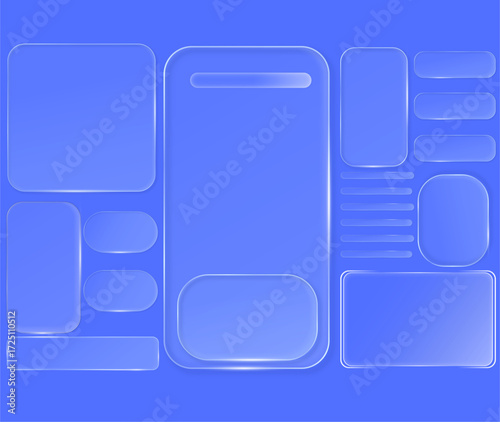 vector illustration of a set of blue buttons, White light grey blueb background abstract sheet. Smooth frosted blur panel. Soft transition. Subtle drop shadow glow. Minimal glass style. Noise grain te