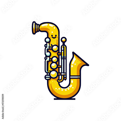 Bright and cheerful illustration of a saxophone with a smiling face, set against a plain background