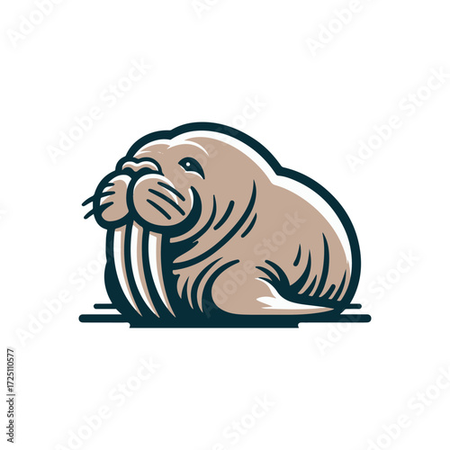 Cartoon walrus resting on the ground, surrounded by a serene ocean backdrop with gentle waves