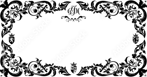 Slika na platnu Elegant vintage ornamental frame design with crests and monograms, perfect for luxury invitations, diplomas, and formal documents, exuding timeless sophistication and classic appeal