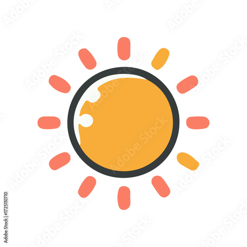 Bright sun icon with rays, symbolizing warmth and positivity, suitable for summer themes