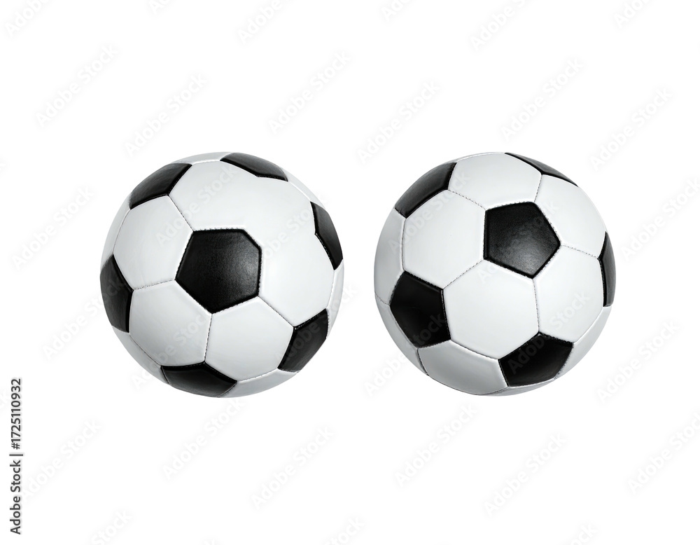 Obraz premium Two identical soccer balls, black and white panels, against a black background